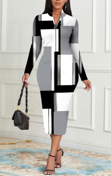 Geometric Print Zipper Grey Long Sleeve Bodycon Dress