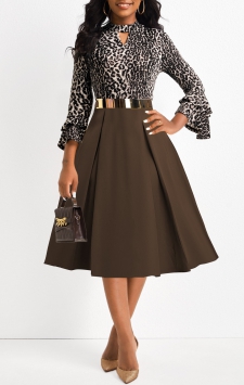 Leopard Patchwork Belted Dark Coffee Stand Collar Dress