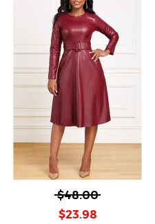 Faux Leather Belted Wine Red Boat Neck Dress