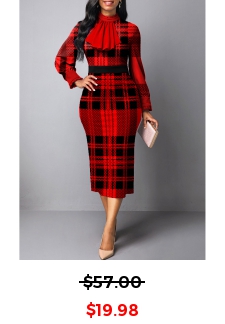 Tartan Print Frill Red Midi Bodycon Dress