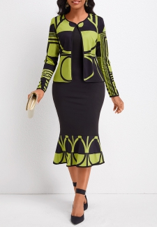 Geometric Print Mermaid Avocado Green Two Piece Suit Dress and Cardigan