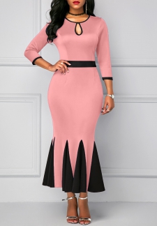 Cut Out Pink Three Quarter Length Sleeve Dress
