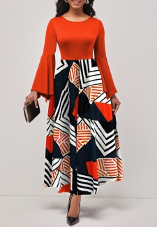 Geometric Print Hanky Sleeve Orange Cold Shoulder Dress