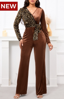 Sequin Belted Dark Coffee Long Cross Collar Jumpsuit