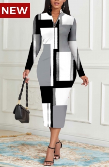 Geometric Print Zipper Grey Long Sleeve Bodycon Dress