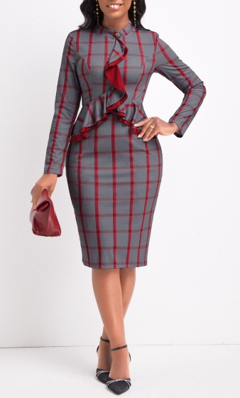 Plaid Ruffle Red Long Sleeve Stand Collar Bodycon Dress