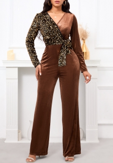 Sequin Belted Dark Coffee Long Cross Collar Jumpsuit