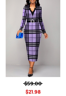 Plaid Patchwork Light Purple V Neck Dress