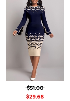 Geometric Print Contrast Binding Navy Long Sleeve Dress