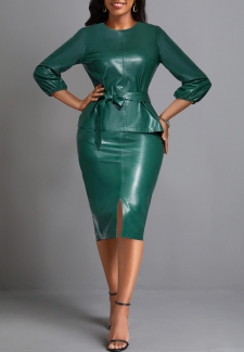 Faux Leather Belted Blackish Green Round Neck Bodycon Dress