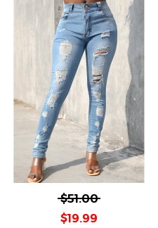 Skinny Hole Light Blue Zipper Fly Jeans