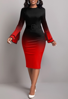 Ombre Contrast Binding Belted Red Long Sleeve Bodycon Dress