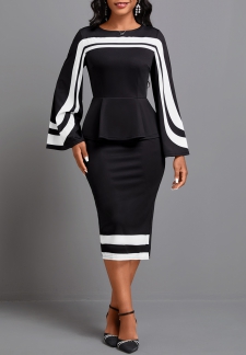 Geometric Print Patchwork Black Long Sleeve Dress