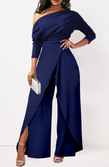 One Shoulder Asymmetry Navy Long Jumpsuit