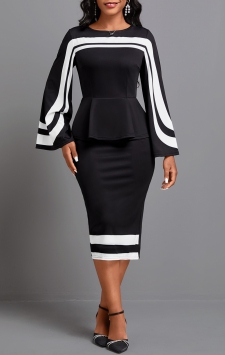 Geometric Print Patchwork Black Long Sleeve Dress