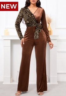Sequin Belted Dark Coffee Long Cross Collar Jumpsuit