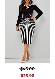 Geometric Print Split Black Long Sleeve Bodycon Dress