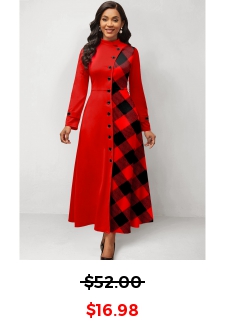 Plaid Patchwork Red Stand Collar Maxi Dress