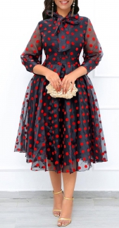 Polka Dot Bowknot Black Tie Collar Dress