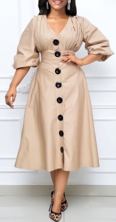 Light Camel V Neck Umbrella Hem Dress