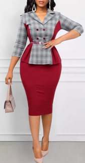 Plaid Patchwork Light Grey Marl Lapel Dress