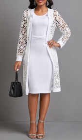White Two-Piece Round Neck Mesh Dress and Cardigan
