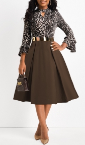 Leopard Patchwork Belted Dark Coffee Stand Collar Dress