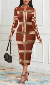 Striped Zipper Light Coffee Long Sleeve Dress