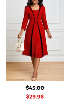 Pleated Hem Red Square Neck Dress