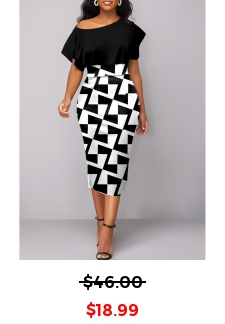 Geometric Print Asymmetry Black Boat Neck Bodycon Dress