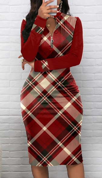 Plaid Zipper Wine Red Long Sleeve Bodycon Dress