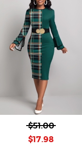 Plaid Patchwork Green Round Neck Bodycon Dress