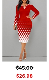 Geometric Print Split Christmas Red Long Sleeve Dress