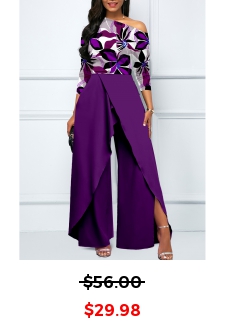 Floral Print Split Purple Long Boat Neck Jumpsuit