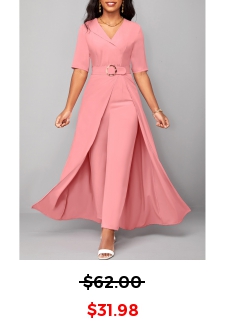 Belted Pink Short Sleeve V Neck Jumpsuit