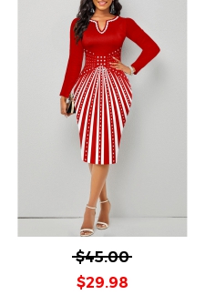 Geometric Print Split Red Long Sleeve Bodycon Dress