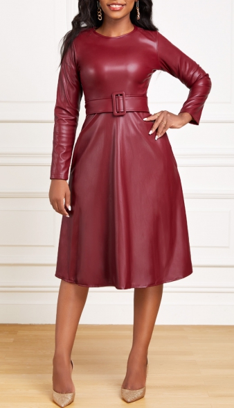 Faux Leather Belted Wine Red Boat Neck Dress