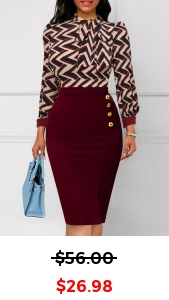 Striped Button Wine Red Tie Collar Bodycon Dress