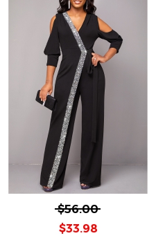 Metal Ring Black Cold Shoulder V Neck Jumpsuit