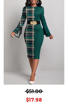 Plaid Patchwork Green Round Neck Bodycon Dress