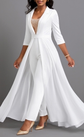 Sequin Ankle Length Lapel Regular White Jumpsuit