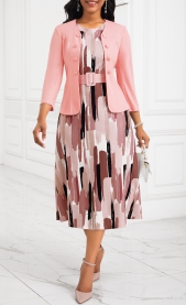 Two Piece Belted Pink Round Neck Dress and Cardigan