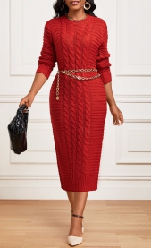 Red Long Sleeve Round Neck Bodycon Dress