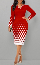 Geometric Print Split Christmas Red Long Sleeve Dress