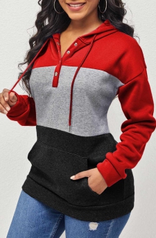 Contrast Kangaroo Pocket Drawstring Red Hoodie