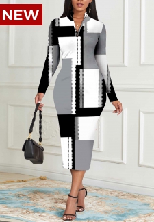 Geometric Print Zipper Grey Long Sleeve Bodycon Dress