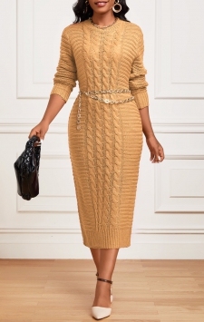 Long Sleeve Round Neck Light Camel Dress