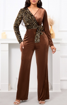 Sequin Belted Dark Coffee Long Cross Collar Jumpsuit