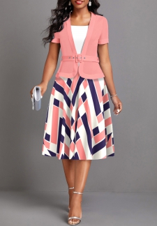 Geometric Print Fake 2in1 Belted Pink Dress