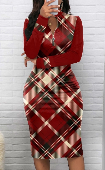 Plaid Zipper Wine Red Long Sleeve Bodycon Dress